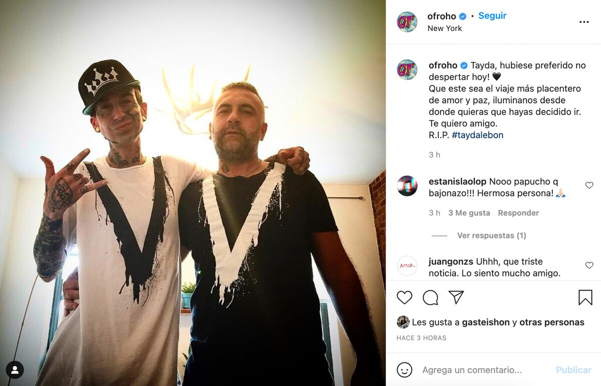 El posteo en Instagram de Oscar Roho Fernández para despedir a su amiga, Tayda.