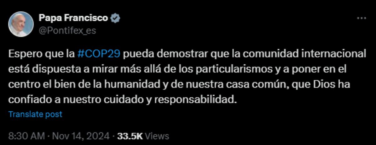 Cumbre climática de la ONU: el comunicado del Papa Fracisco. (X / @pontifex_es)