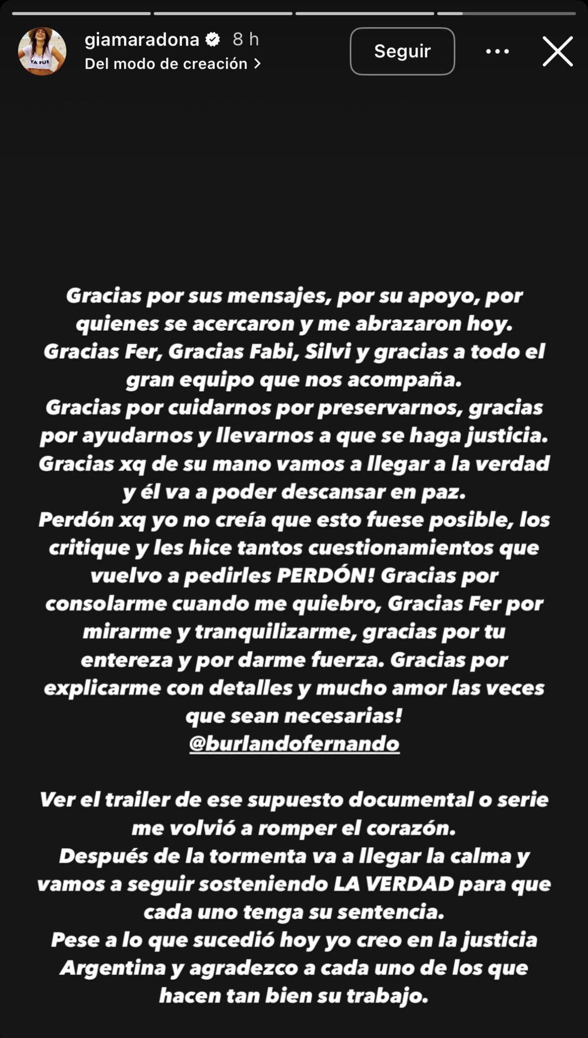 El descargo de Gianinna Maradona (Captura de pantalla)