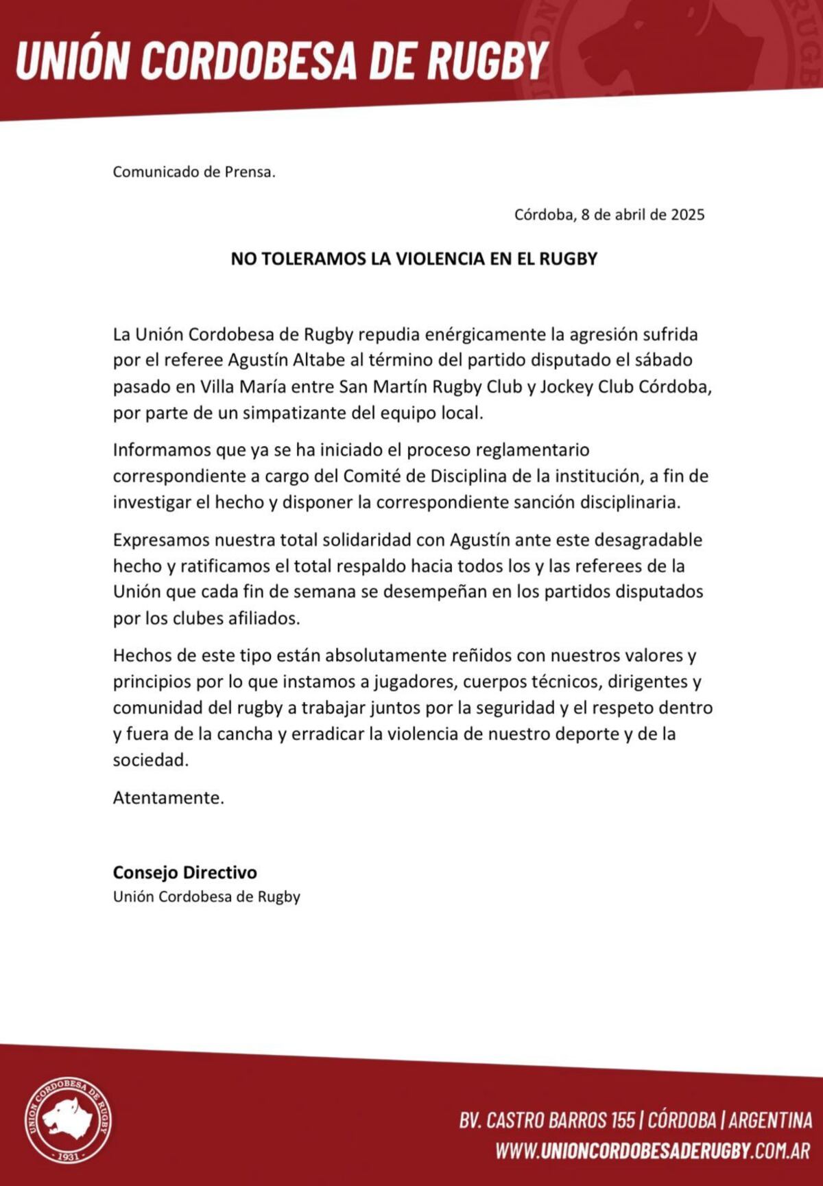 El comunicado de la Unión Cordobesa de Rugby tras la agresión a un árbitro en Villa María.