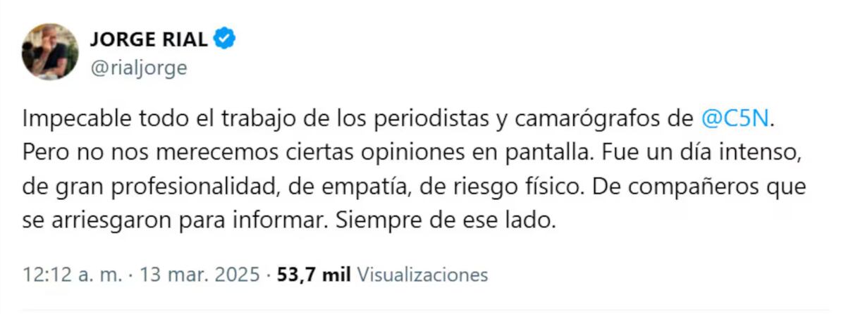 El tuit de Jorge Rial, indirectamente contra Mariana Brey. (foto: captura de pantalla)
