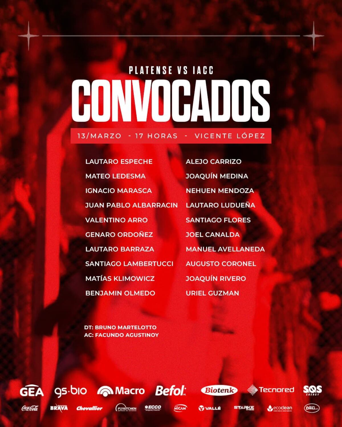 Los citados por Martelotto para el partido de este jueves.