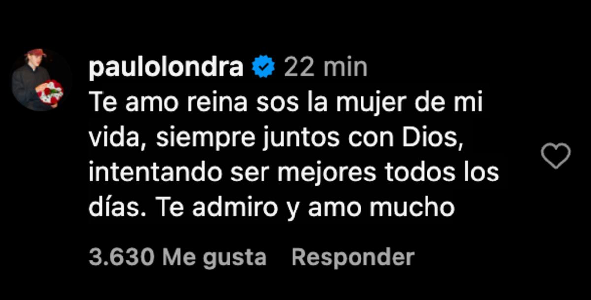 La respuesta de Paulo Londra a la publicación en donde Martina, su novia, reveló que se casarán. (Foto: captura de pantalla)