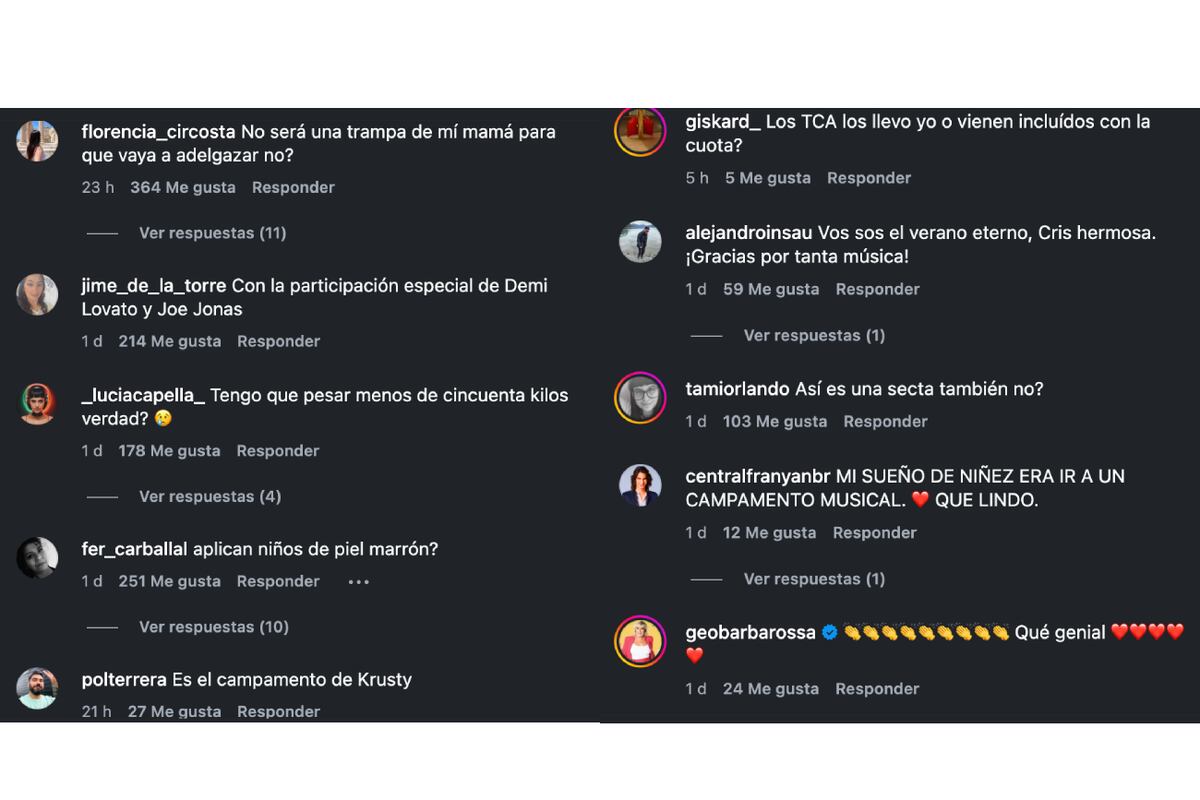 Algunos de los comentarios positivos y negativos en la publicación de Cris Morena anunciando su campamento creativo. (Foto: Captura de pantalla)