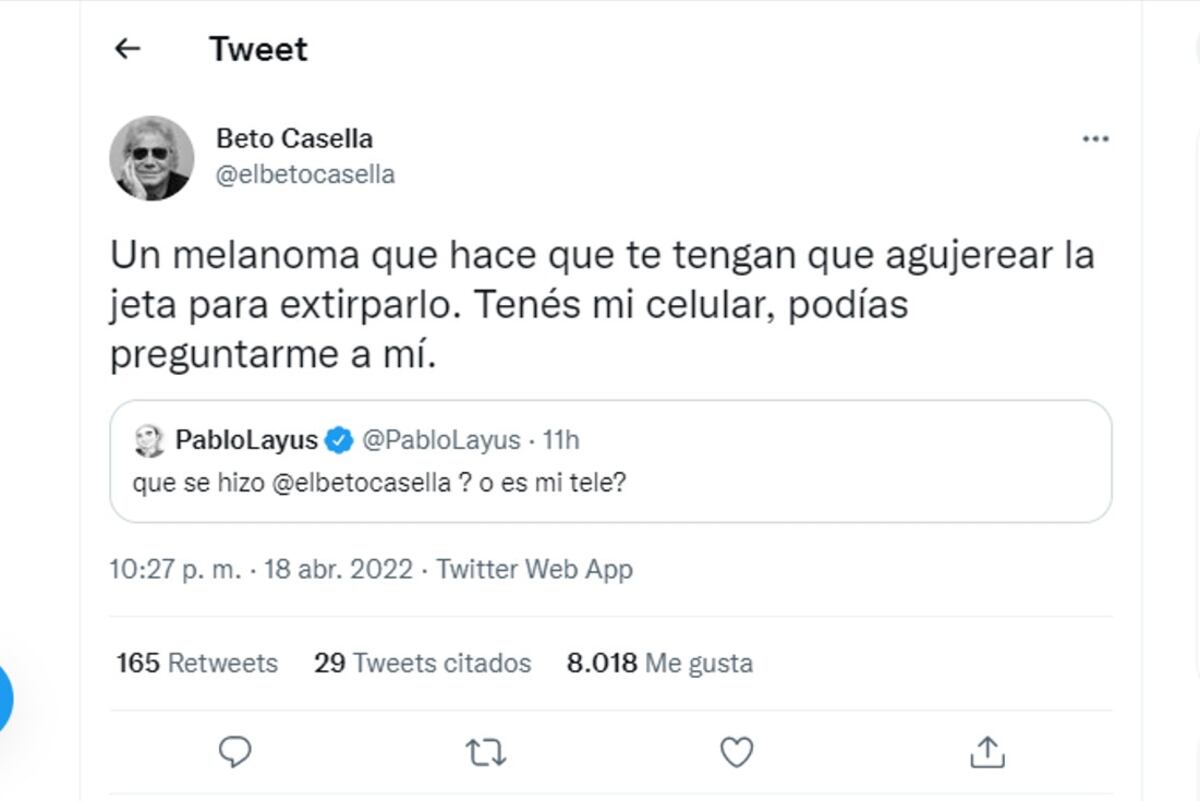 Beto Casella le respondió a Pablo Layús
(Captura de Twitter).