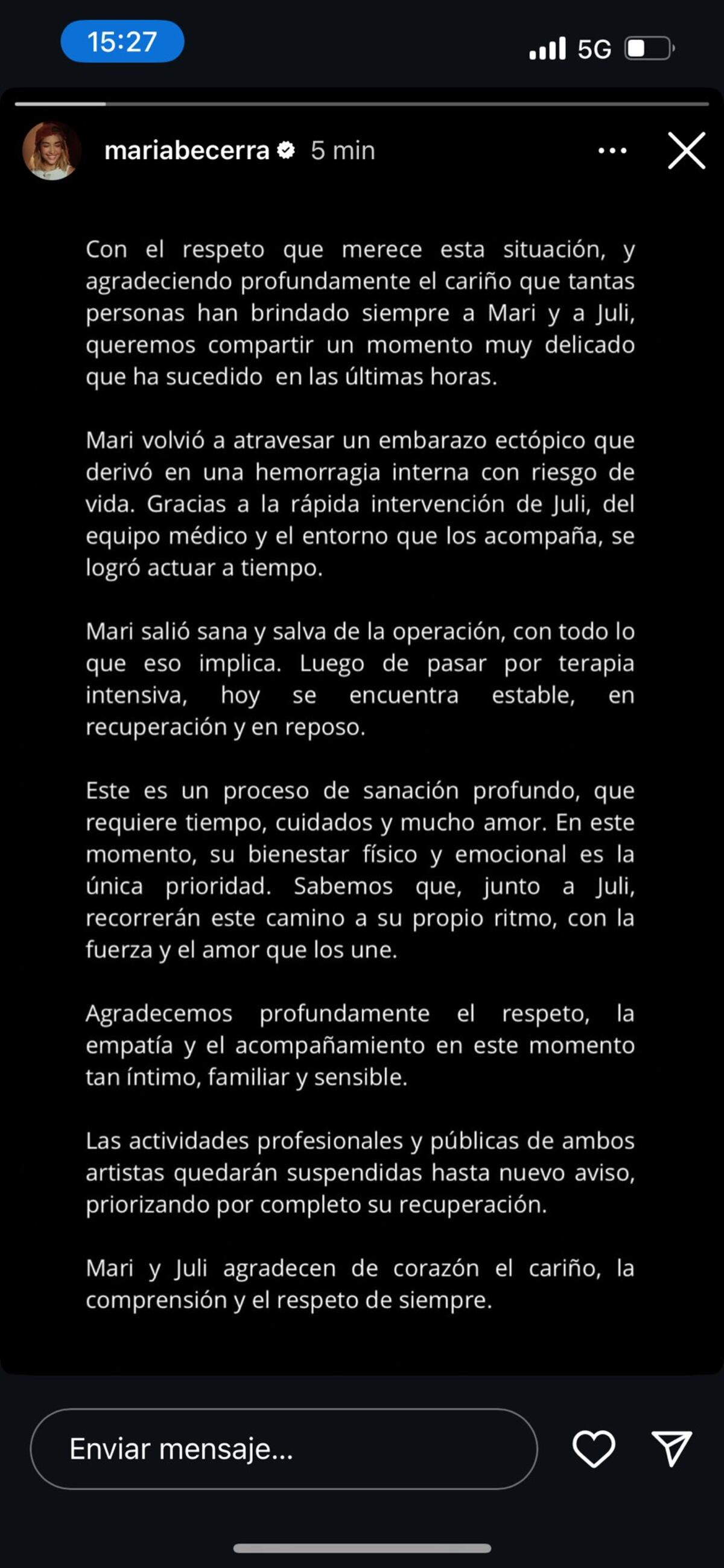 ¿Qué le pasó a María Becerra? El comunicado oficial tras perder otro embarazo: “Riesgo de vida”