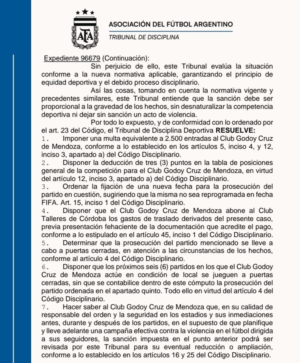 La sanción de Godoy Cruz tras la suspensión del partido ante Talleres. (Prensa AFA)