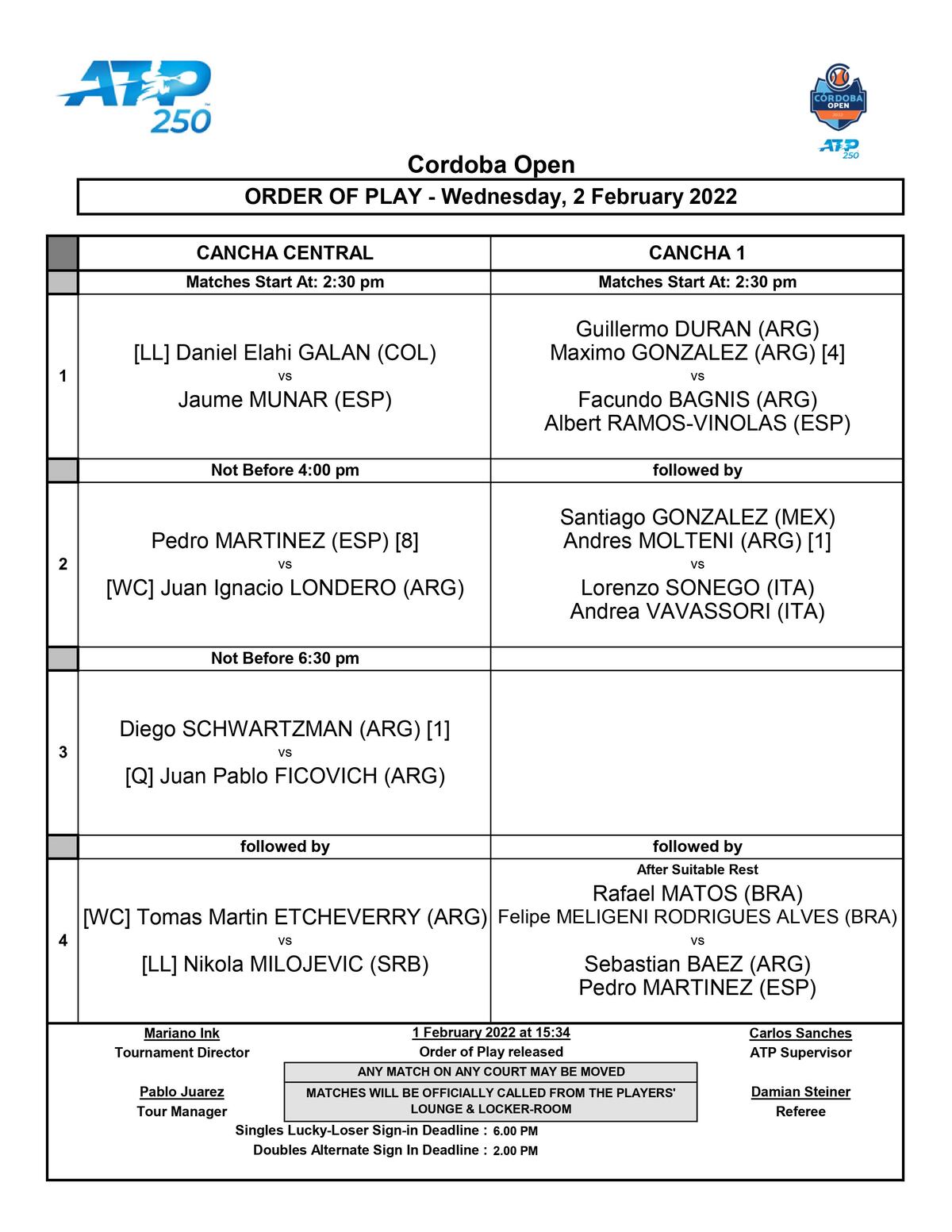 Orden de juego del miércoles en el Córdoba Open.