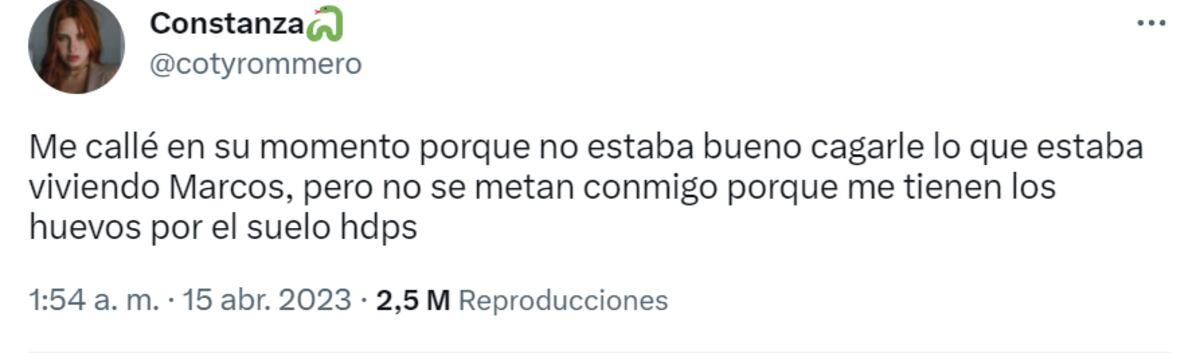 Coti Romero apuntó contra dos ex compañeras en Twitter. (Twitter Constanza Romero)