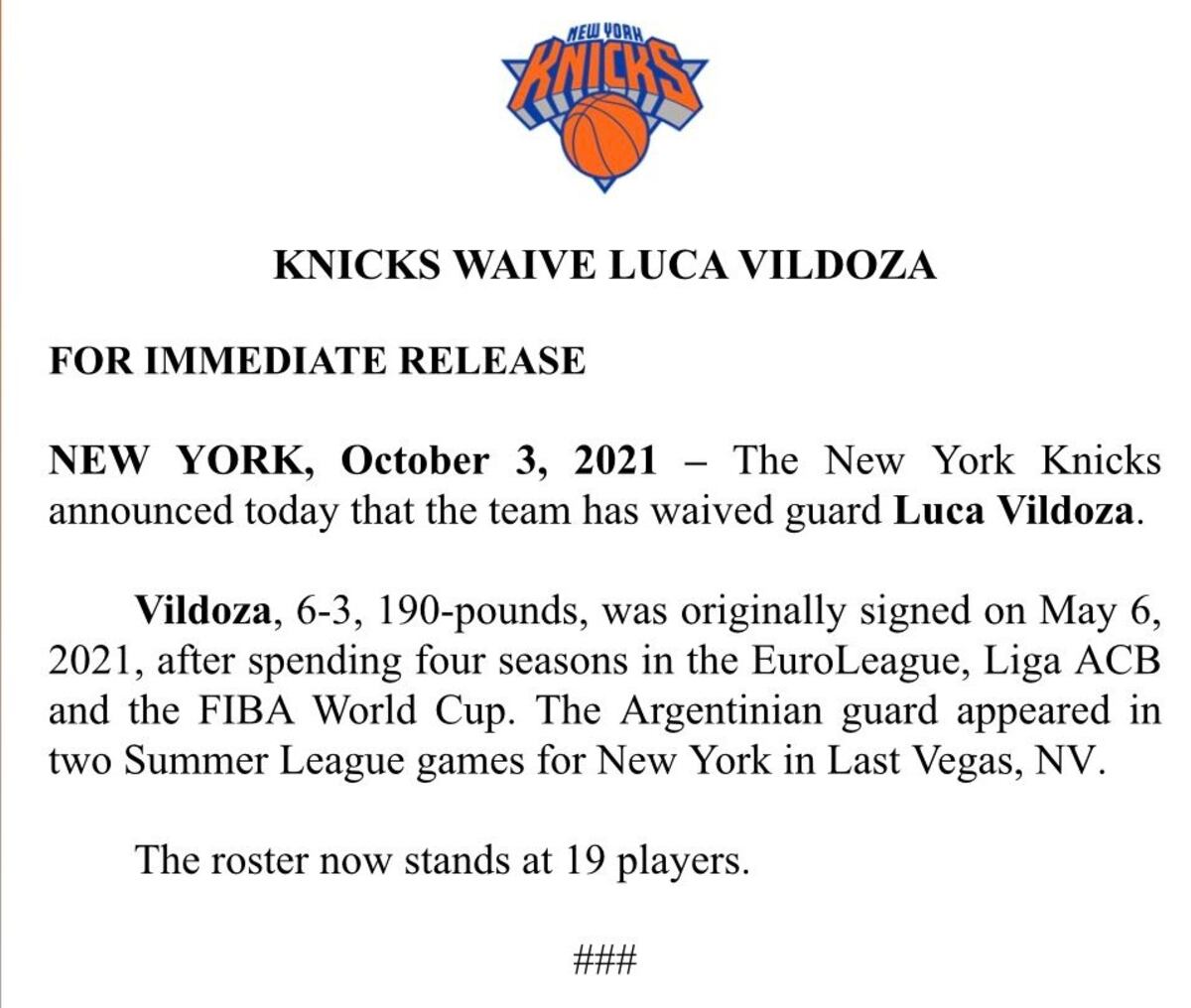 El comunicado de los Knicks cortando al base argentino.