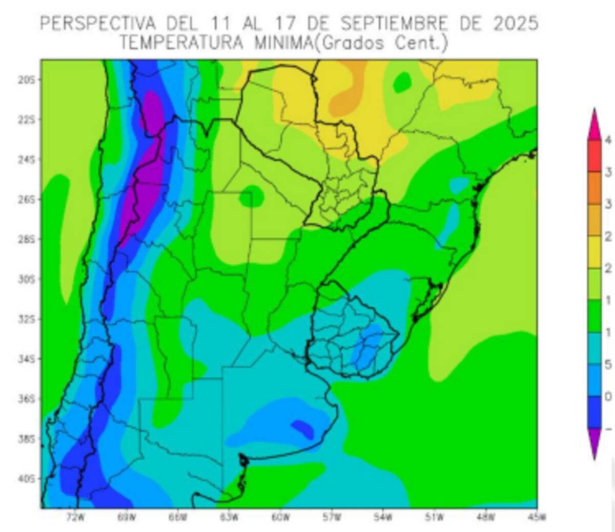 PERSPECTIVA AGROCLIMÁTICA. Mapa de temperaturas mínimas del 11 al 17 de septiembre (Gentileza Bolsa de Cereales)