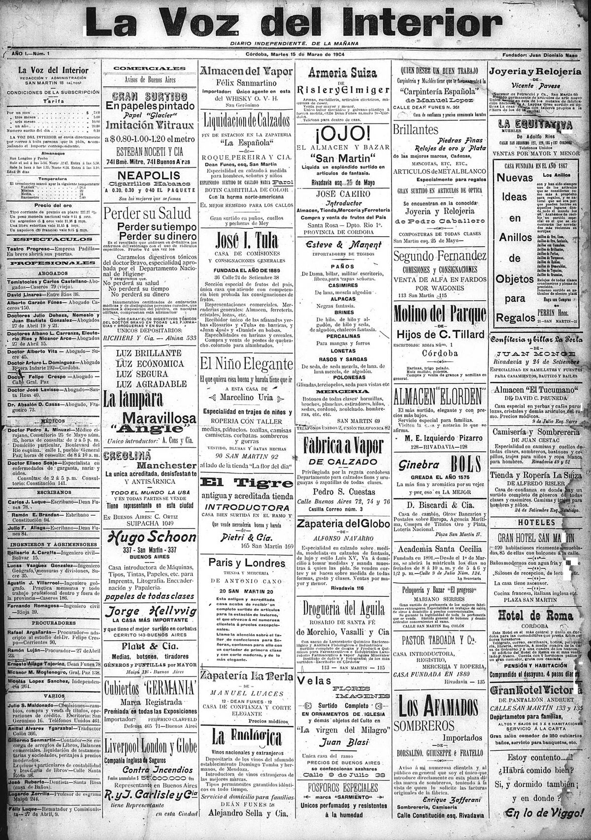 Primera tapa de La Voz del Interior del 15 de marzo de 1904.
