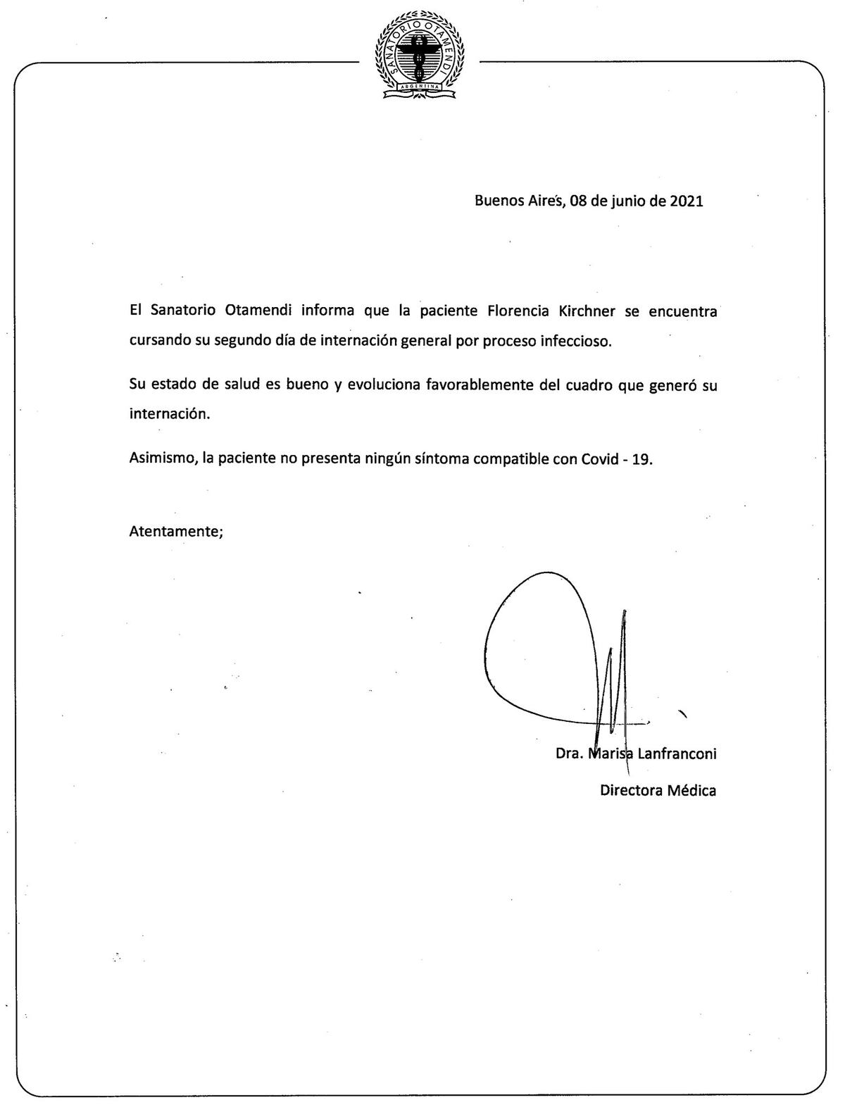 “No presenta ningún síntoma compatible con Covid-19”, remarca el comunicado (Télam).