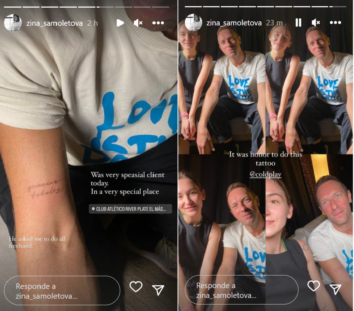 Chris Martin se tatuó inspirado en su admiración por Soda y el recuerdo de Argentina. (Instagram @zina_samoletova)