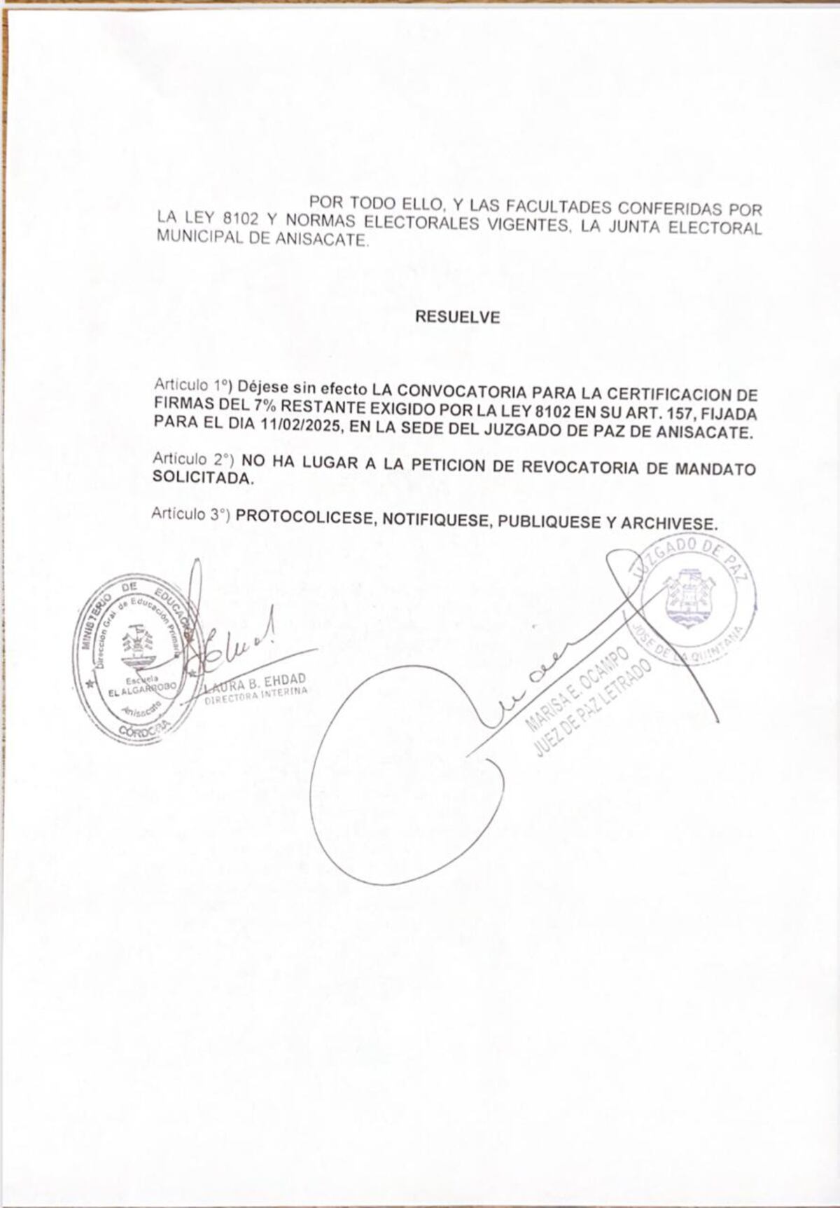 Anisacate: la Justicia frenó el pedido de revocatoria contra la intendenta