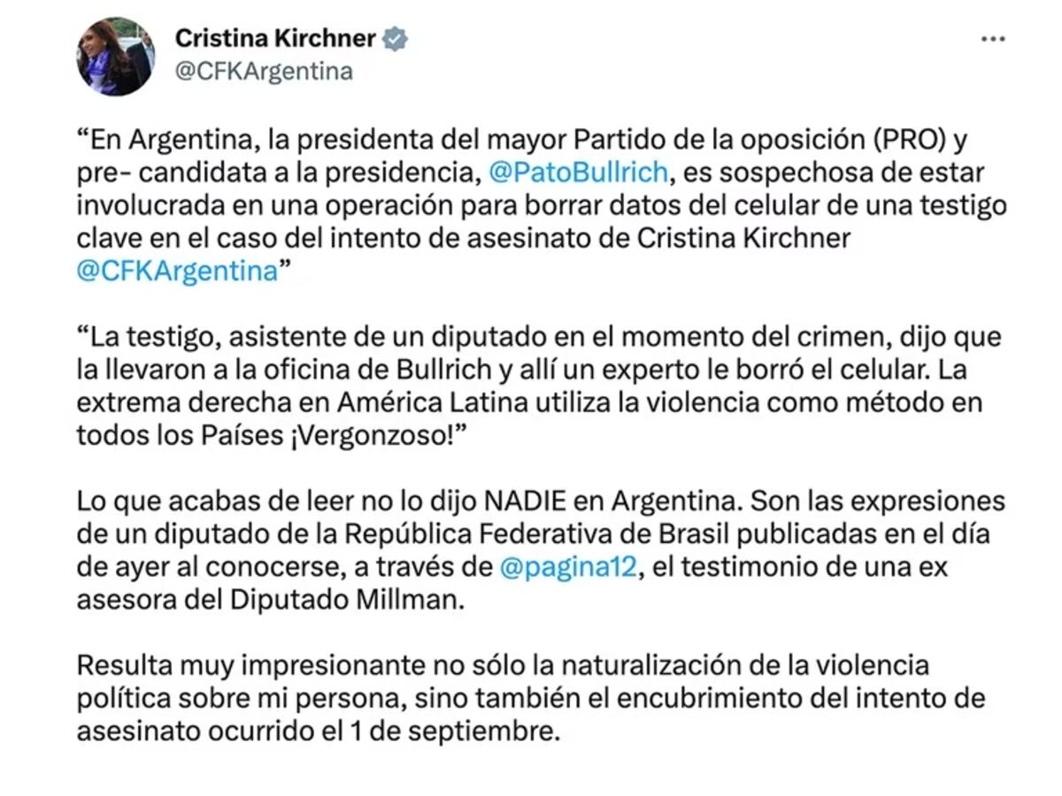El tuit de Cristina Kirchner. (Captura de pantalla)
