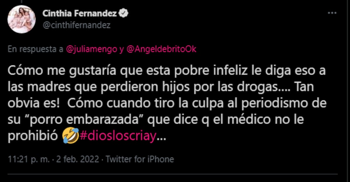 La respuesta de Cinthia Fernández al tuit de Julia Mengolini