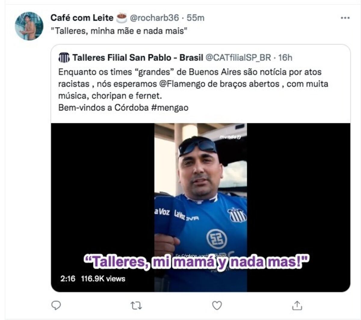 La hinchada de Flamengo elogiando a la de Talleres en redes sociales.