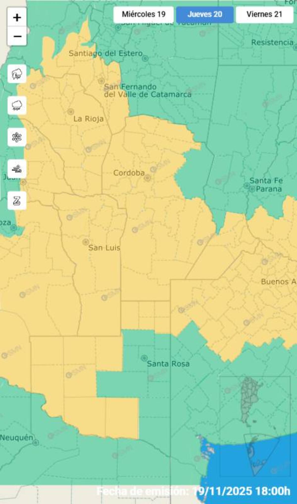 Clima. Alerta amarilla por viento y tormenta para la noche del jueves 20 y la madrugada del viernes 21. (SMN)