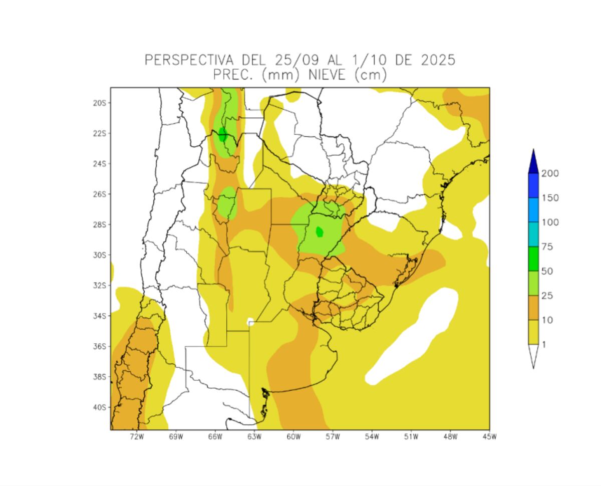 Perspectiva agroclimática: precipitaciones durante el 25 de septiembre y el 1 de octubre. (Gentileza Bolsa de Cereales de Buenos Aires)