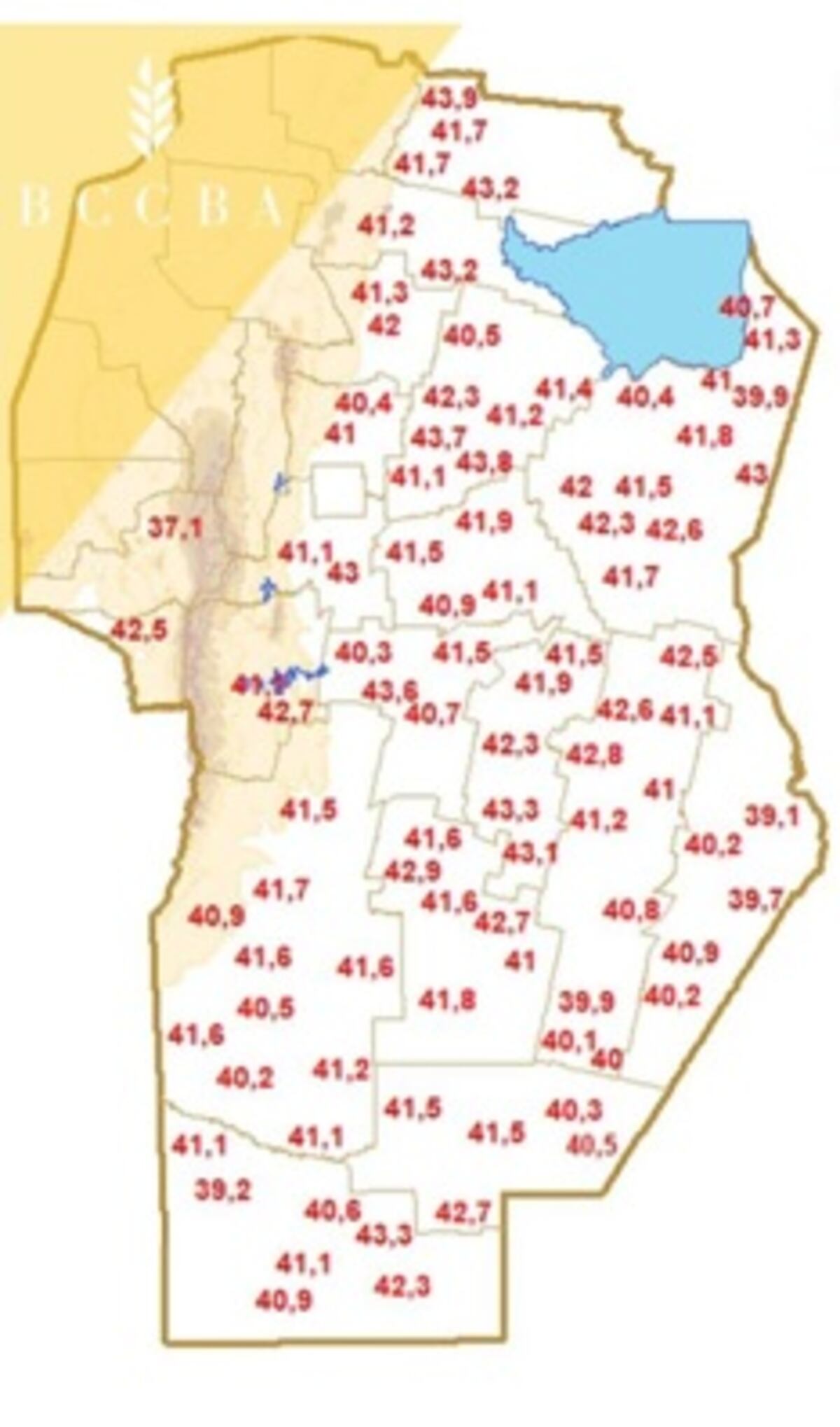 TEMPERATURAS. El mapa de calor en Córdoba el 11 de enero. (BCCBA)