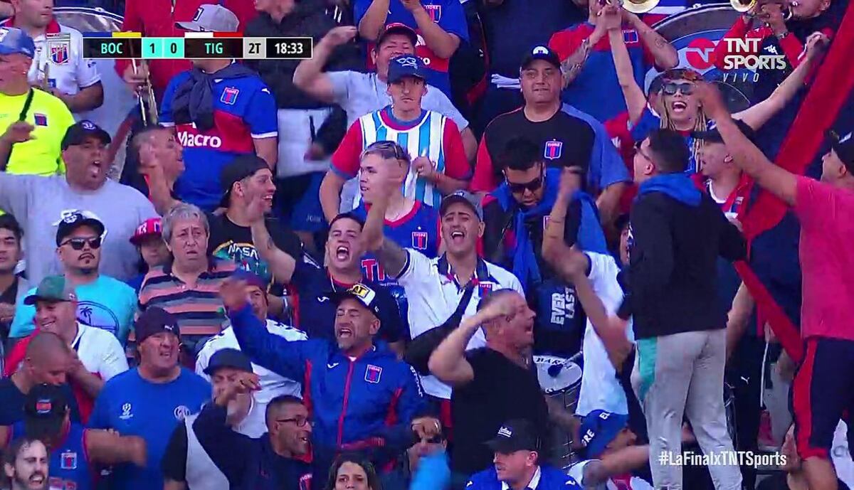 El "Loco Tito", barra de Belgrano, en la tribuna de Tigre ante Boca. (Twitter y capturas).