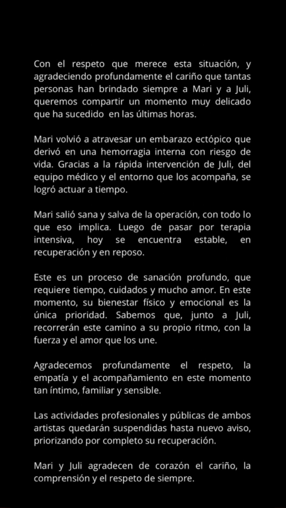 El comunicado de María Becerra. (Instagram)