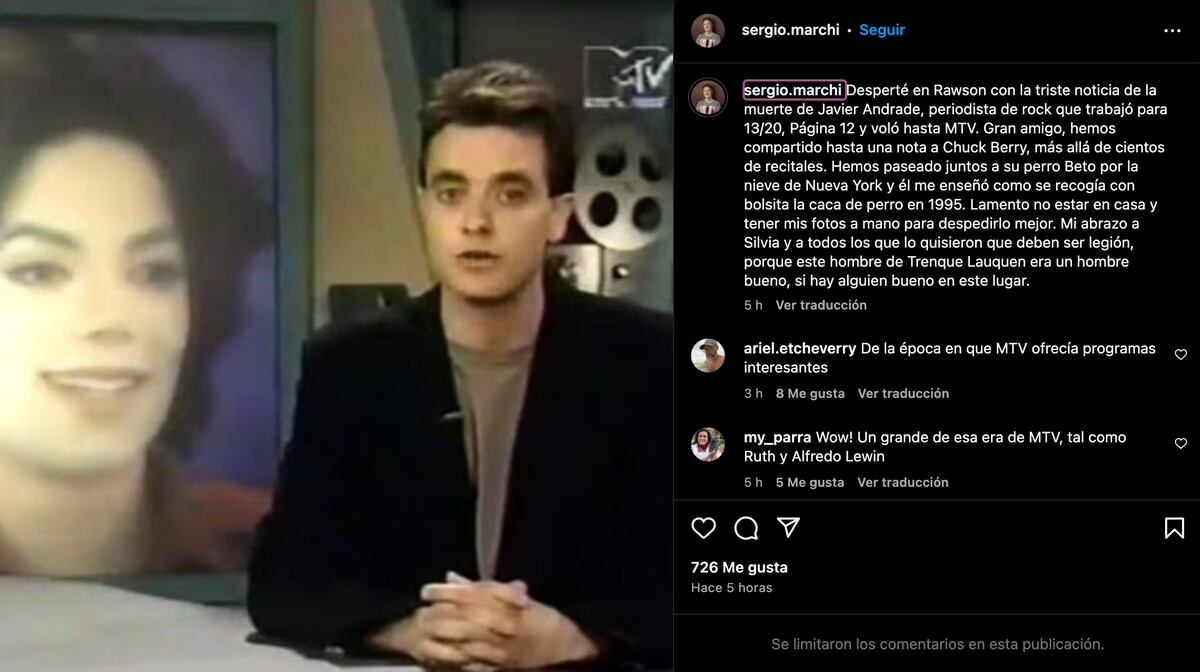 Sergio Marchi despidió a Javier Andrade en Instagram. (Foto: captura de pantalla)