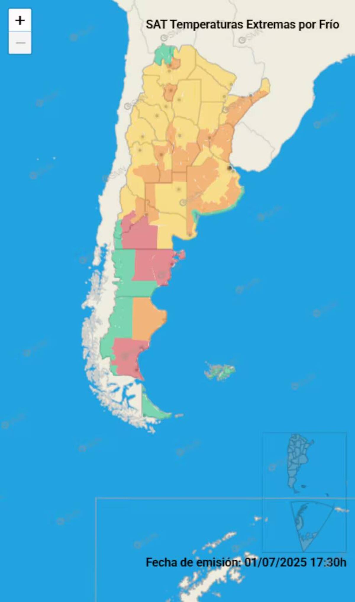 Alertas roja y amarilla por frío extremo en varios puntos de la Argentina.