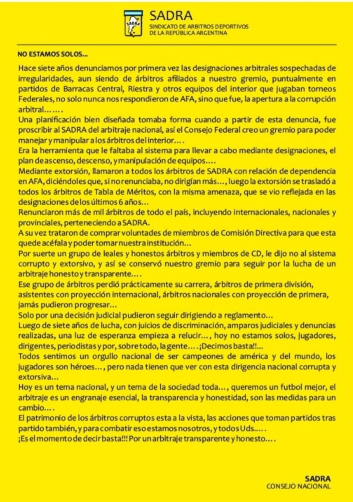 Sadra denunció a la AFA por el manejo de los árbitros. (Gentileza)