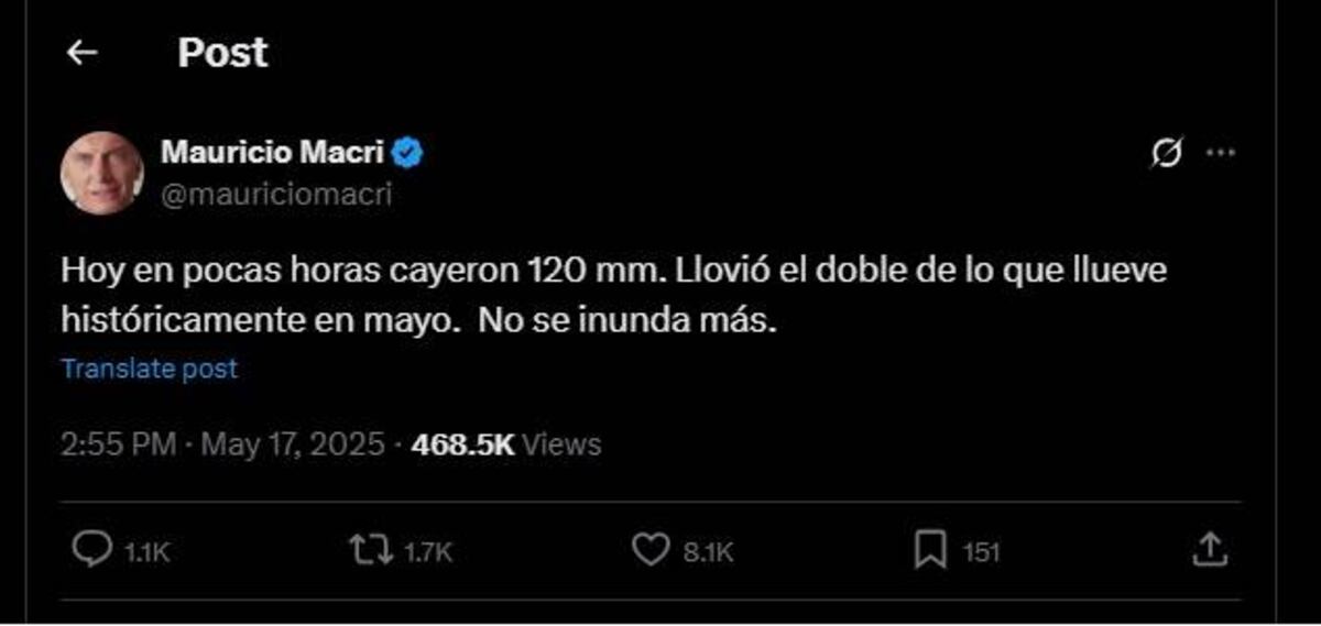 En medio del temporal, Mauricio Macri destacó la gestión del PRO y aseguró que la Ciudad "no se inunda más". (Captura de imagen X)