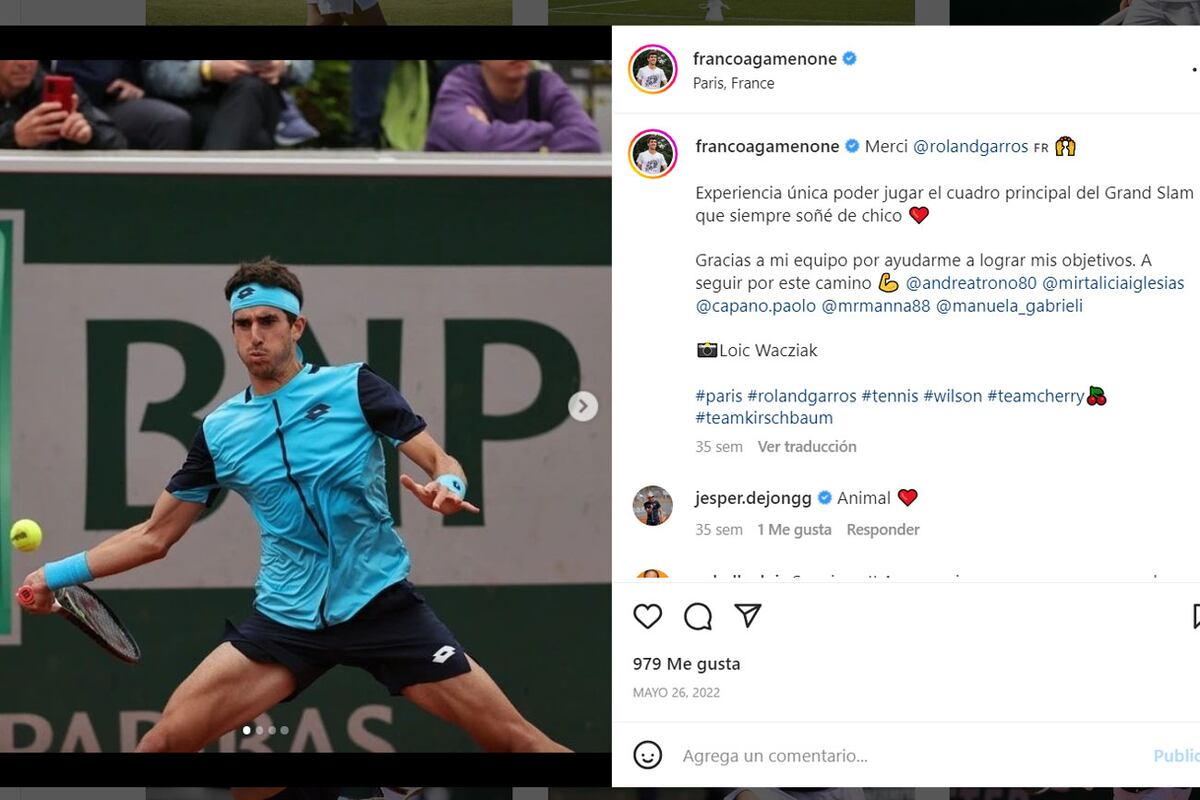 El posteo de Franco Agamenone tras haber disputado su primero partido en el cuadro principal del Grand Slam parisino. (@francoagamenone)