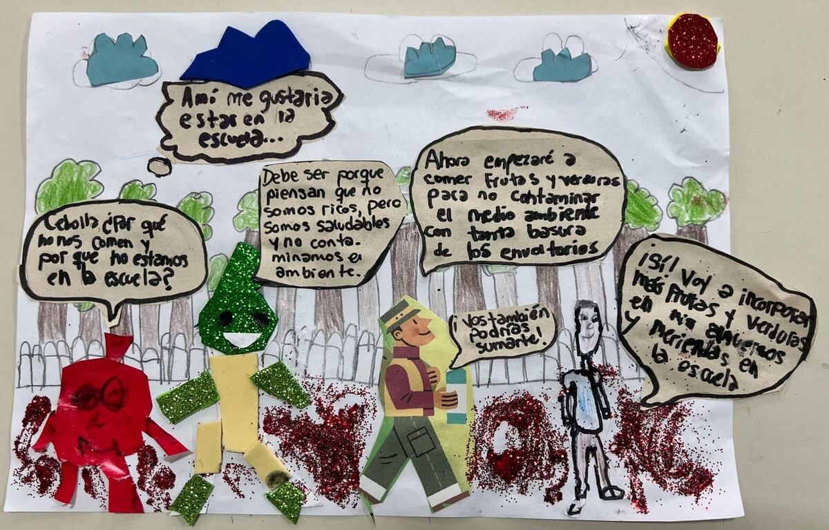 En la edición 2025, los alumnos de primaria presentaron una viñeta. "Manzana y Cebollín", trabajo destacado. (Gentileza)
