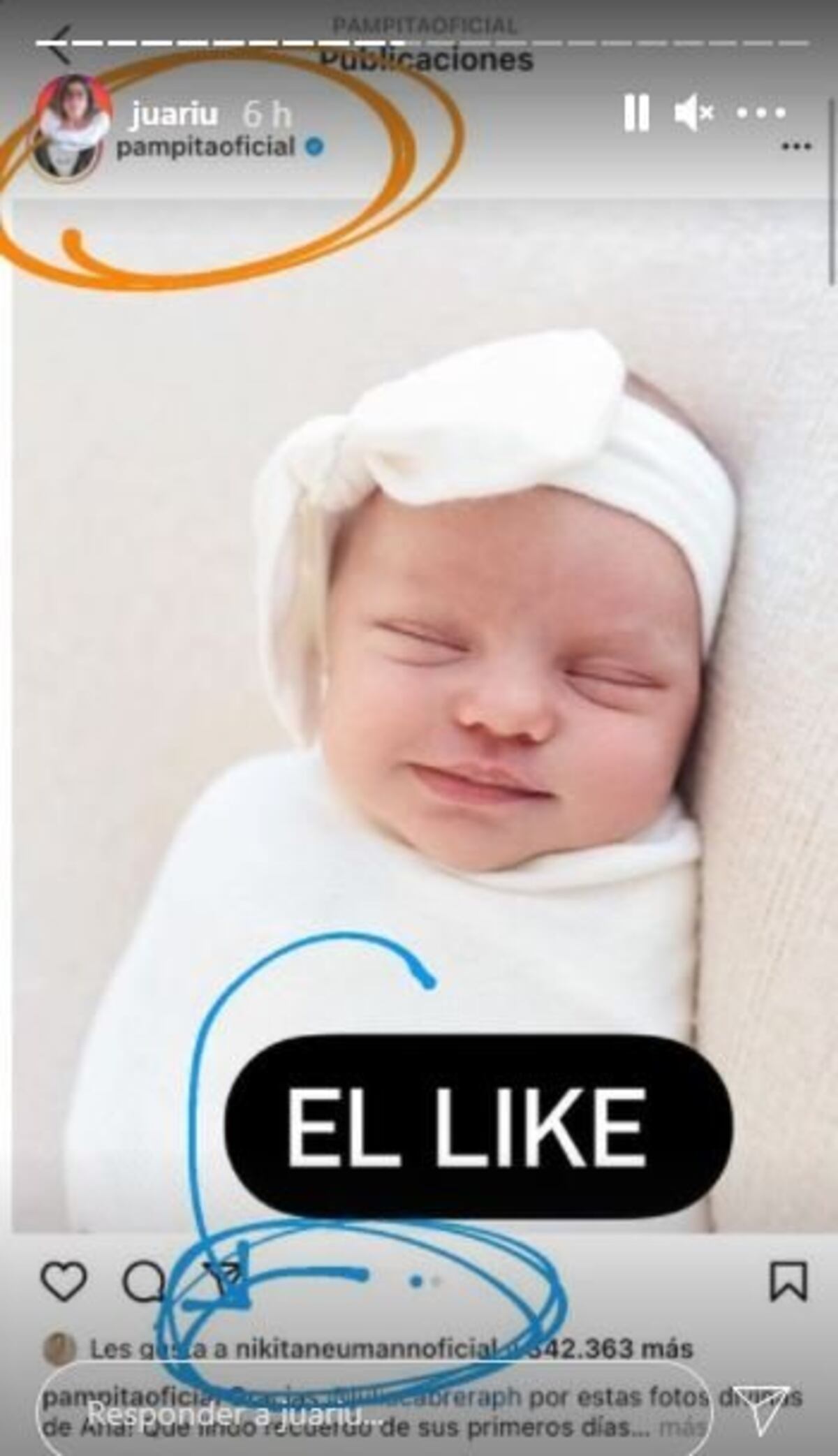 El like de Nicola a la foto de Ana, la hija recién nacida de Pampita. (Instagram @pampitaoficial)