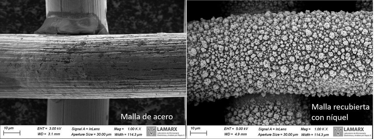 Imagen en el microscopio electrónico de la malla de acero (arriba) y de la malla de acero recubierta con níquel.