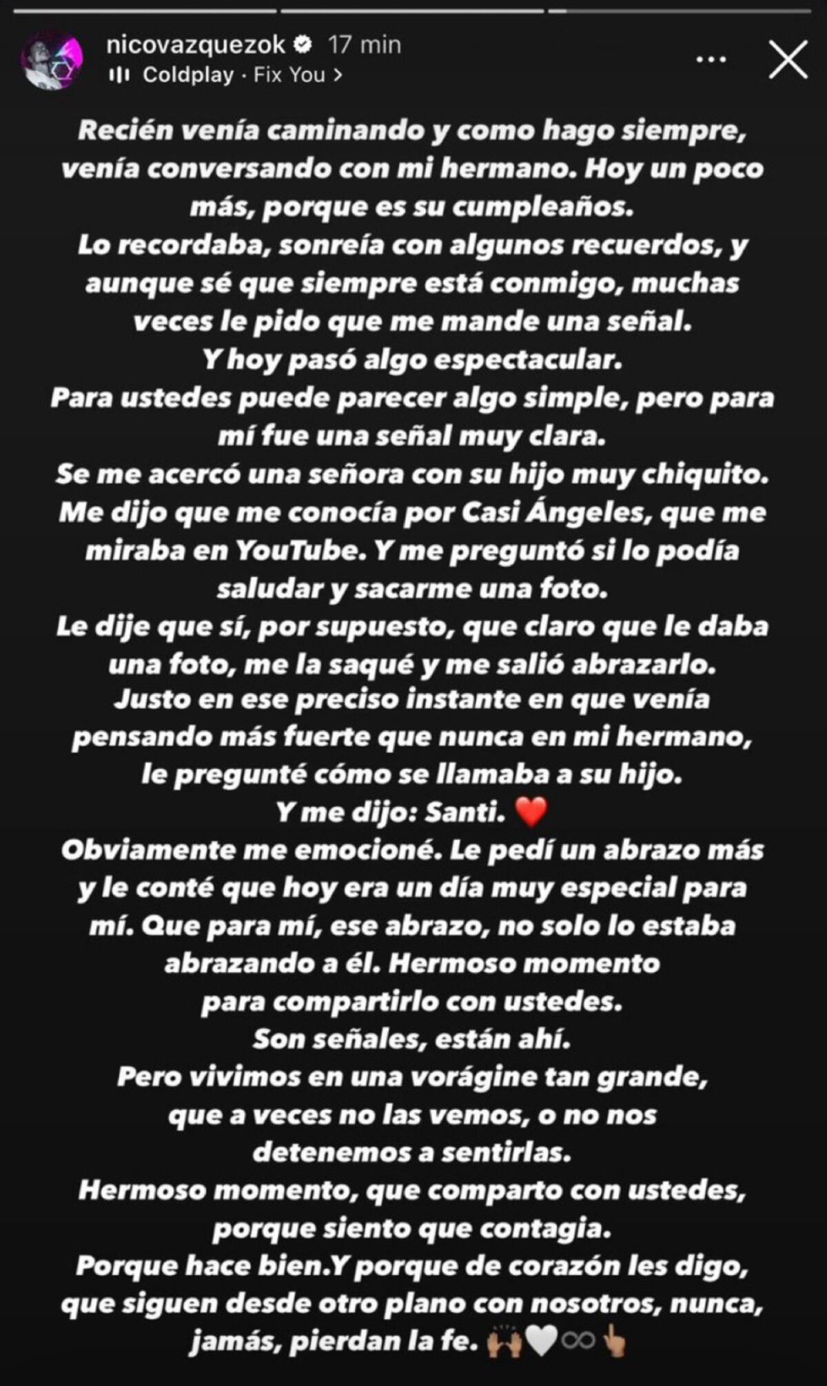 Nicolás Vázquez compartió una emocionante anécdota con sus seguidores en Instagram. (Foto: captura de pantalla)