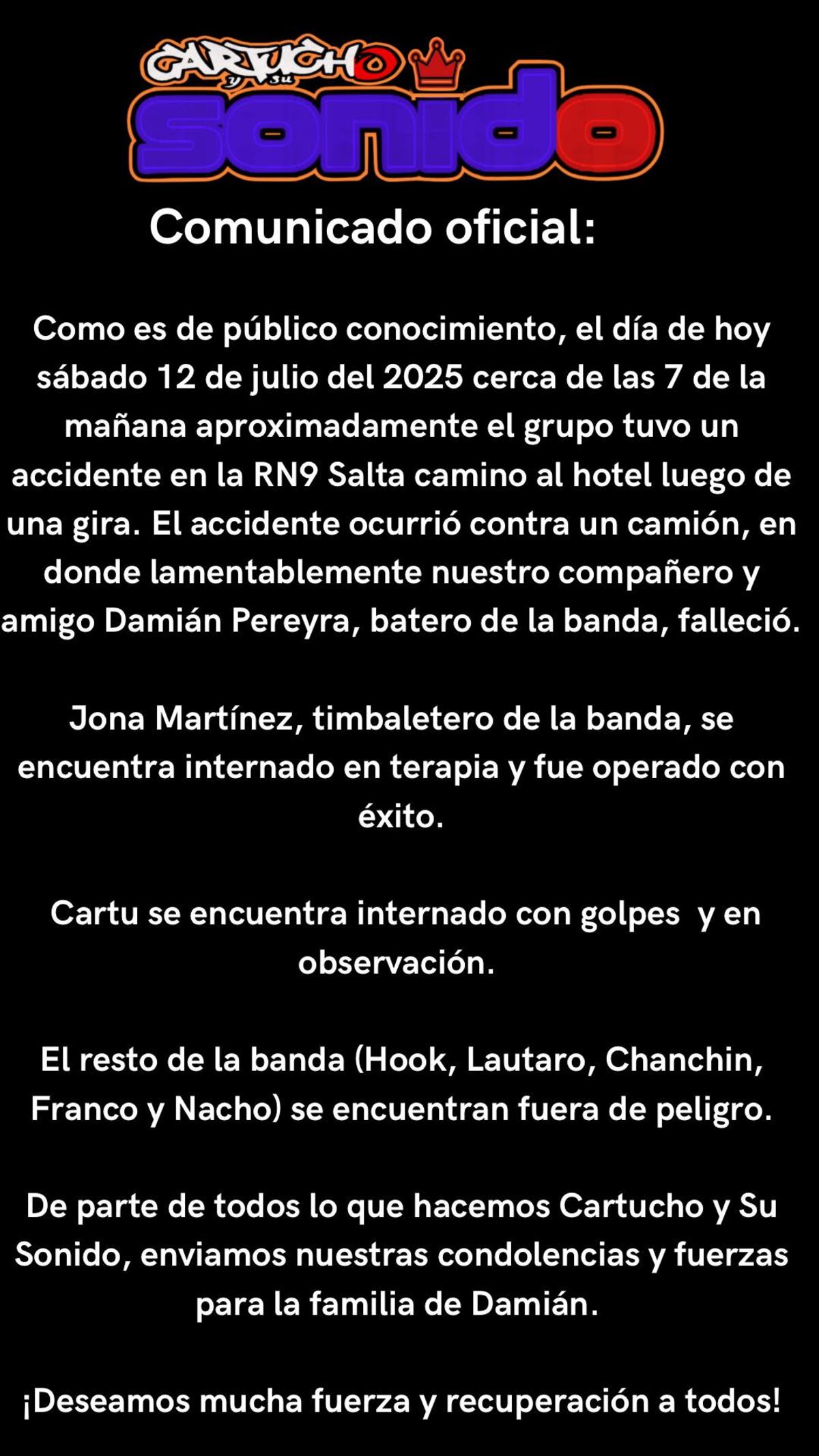 Falleció Carlos Damián Pereyra, baterista de Cartucho y su Sonido (Facebook)
