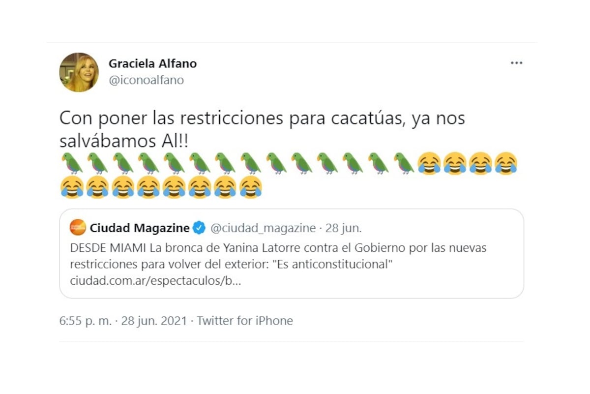Graciela Alfano le dedicó varios tuits a Yanina Latorre. (Twitter).