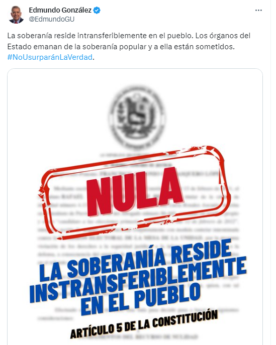 Posteo en X de Edmundo González, el excandidato presidencial de la oposición en Venezuela
