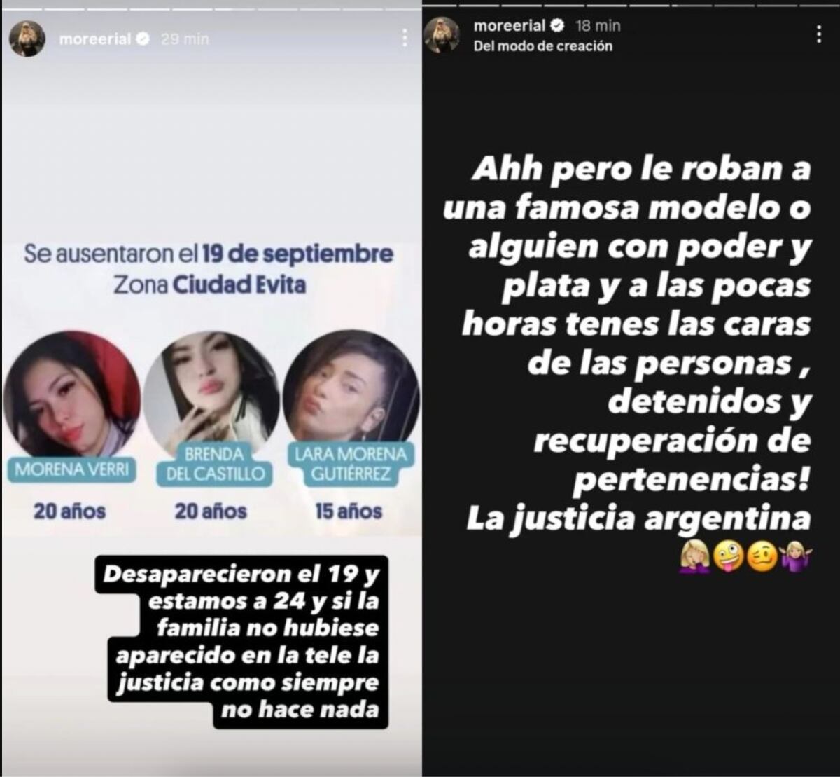 Las historias de Morena Rial expresando su indignación por la manera de operar de la Justicia en el caso de Morena Verri, Brenda del Castillo y Lara Morena Guitierrez. (Fotos: captura de pantalla de Instagram)
