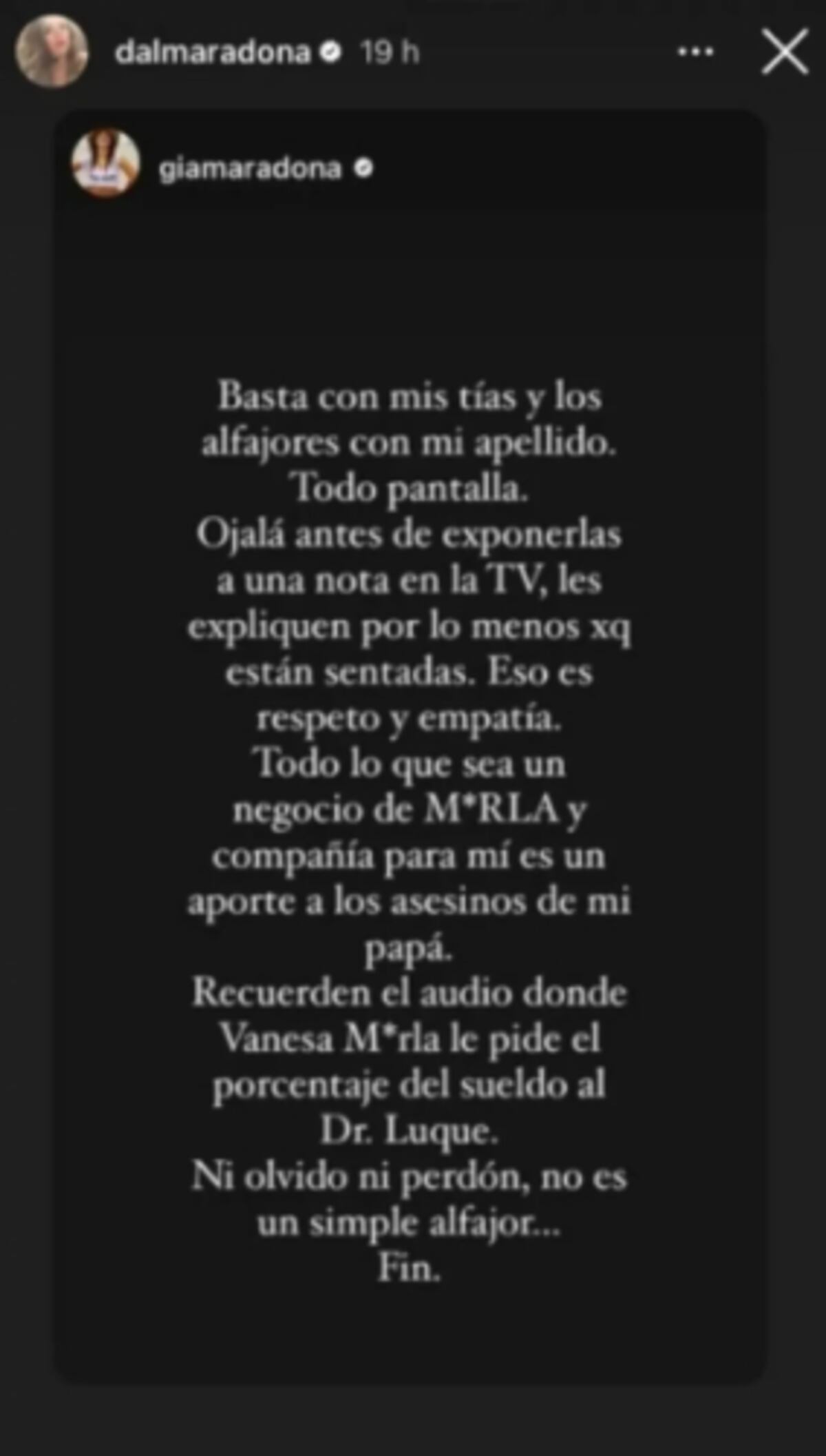 Las historias de Gianinna Maradona contra Matías Morla. (Captura)