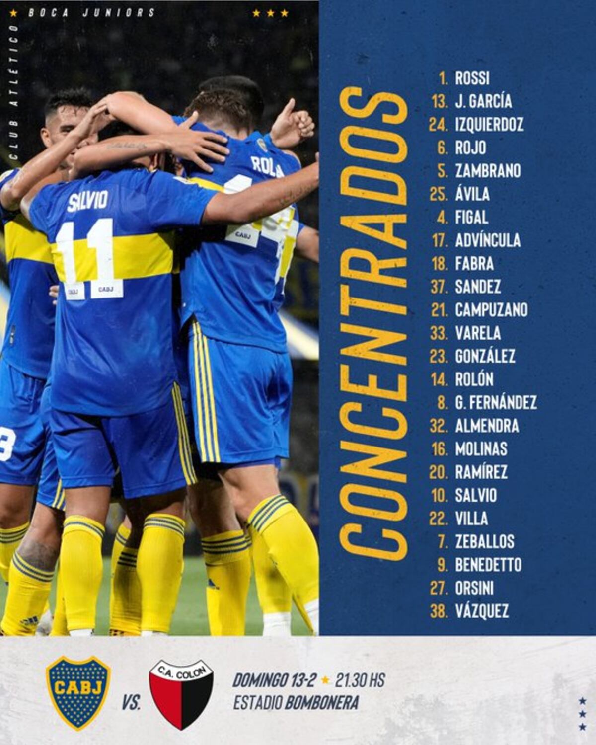 La lista de Boca para el debut ante Colón en la Copa Liga Profesional 2022. (Prensa Boca).
