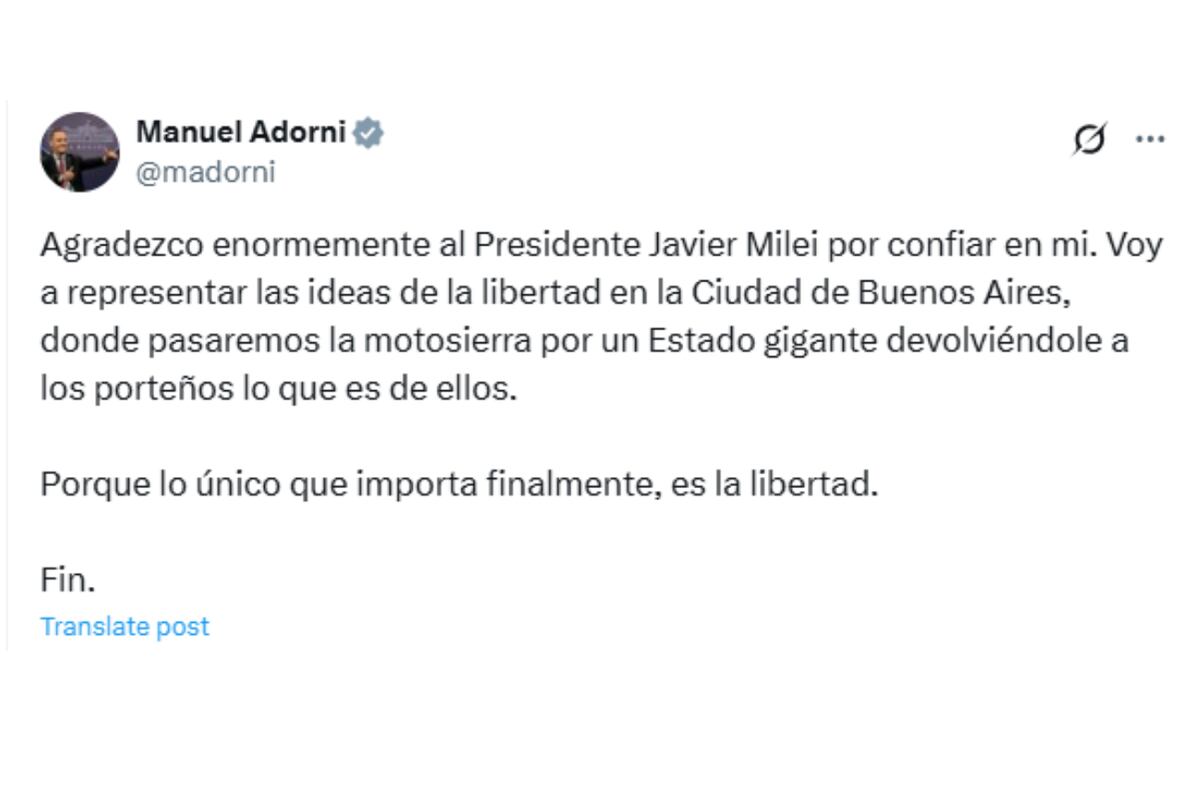 El oficialismo anunció la postulación de Manuel Adorni, como legislador porteño: el mensaje del vocero en redes. (X/@madorni)