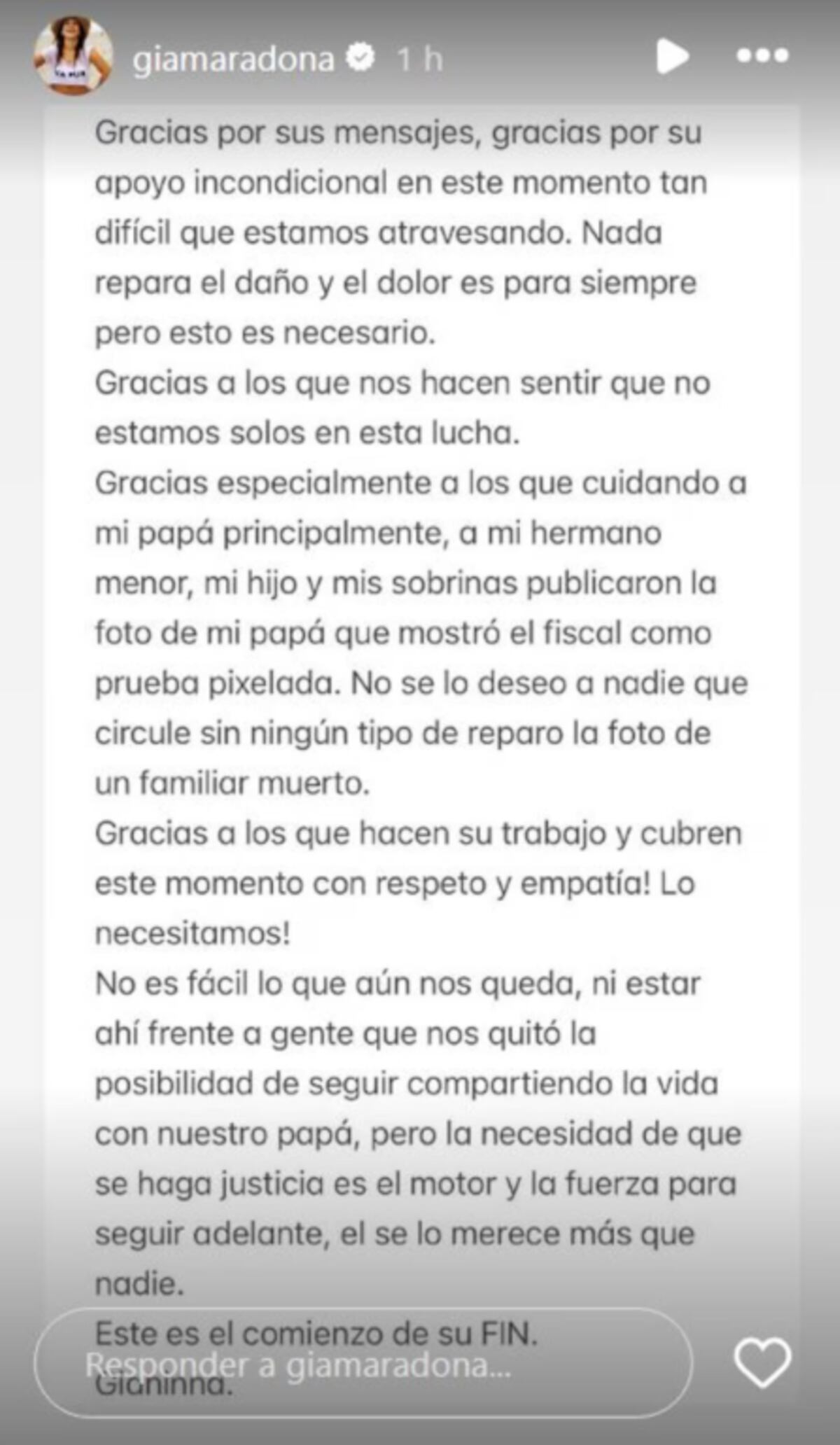 La historia de Instagram que subió Gianinna previo a la declaración.