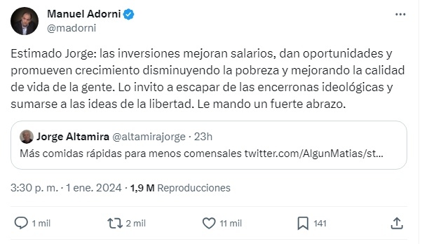 El posteo de Adorni sobre el de Altamira (X)