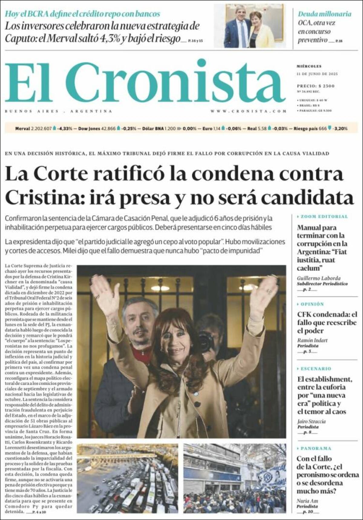 Las tapas de los diarios de Argentina sobre la condena a Cristina Kirchner.