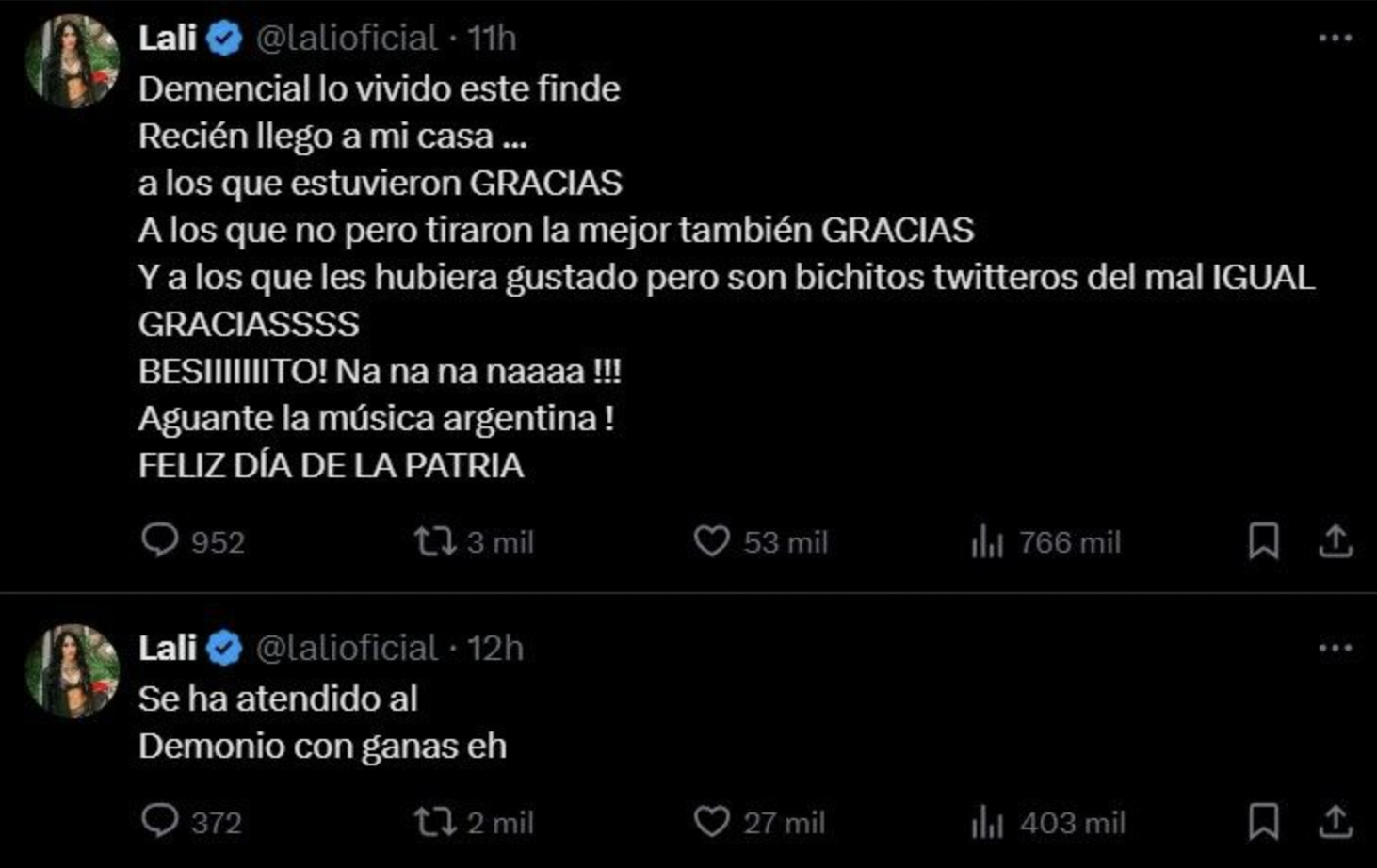 Los mensajes de Lali después de sus dos shows en Vélez. (Foto: captura de pantalla)