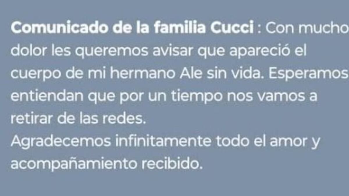 Dolor. El posteo de la familia de Alejandro Cucci tras confirmarse su deceso. (Gentileza)