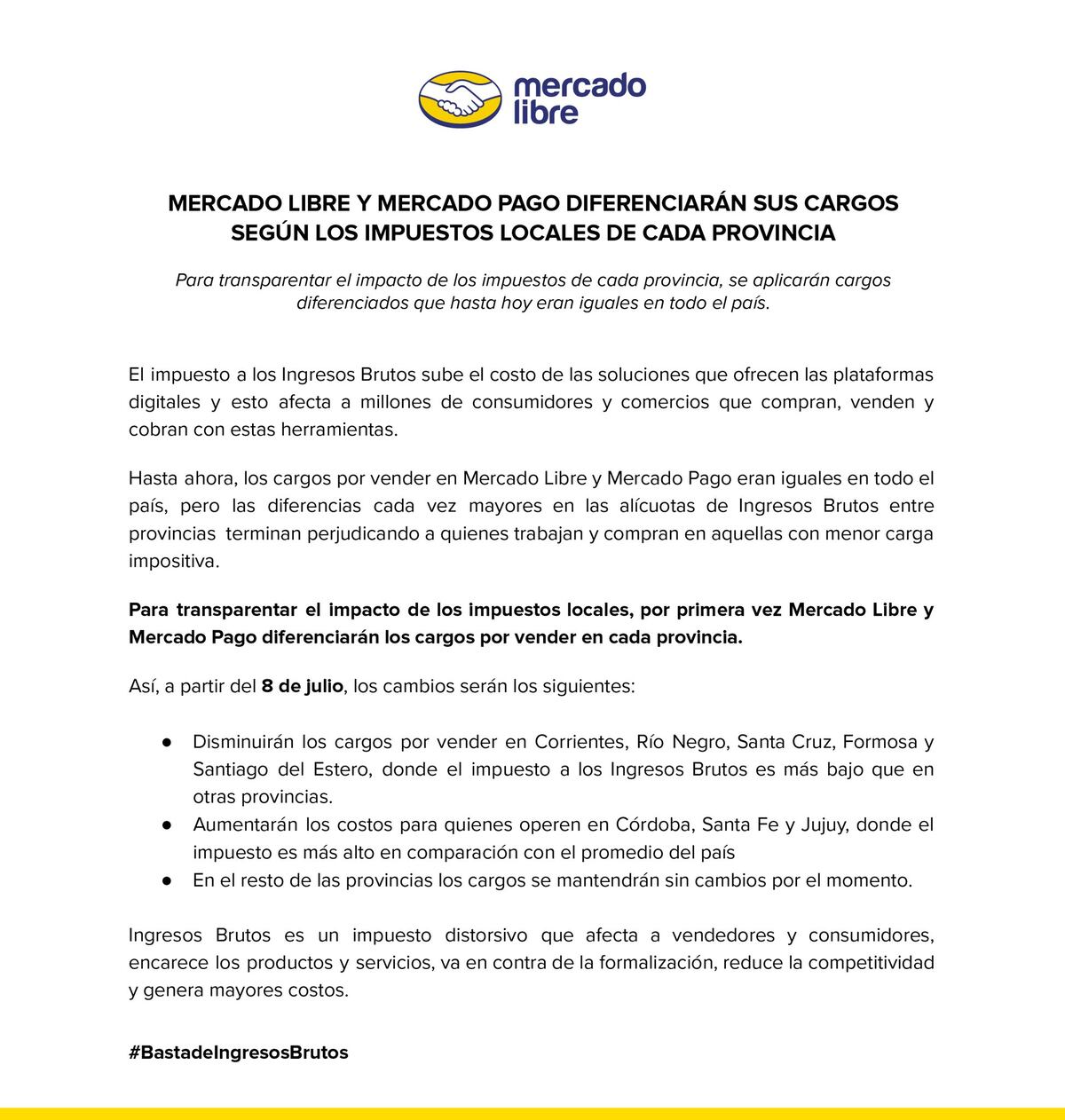 El comunciado de Mercado Libre y Mercado Pago (ML).