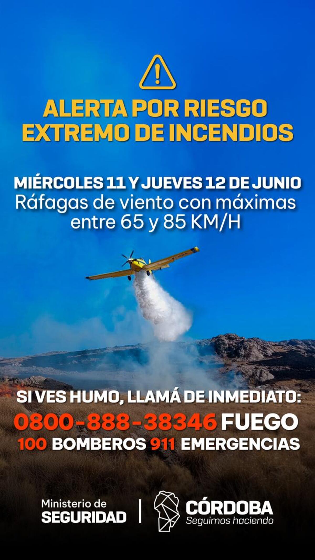 Alerta en Córdoba por fuertes vientos y riesgo extremo de incendios forestales para este miércoles. (Ministerio de Seguridad)